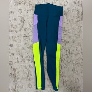 Fabletics Teal Leggings with Lavender and Neon Yellow Panels